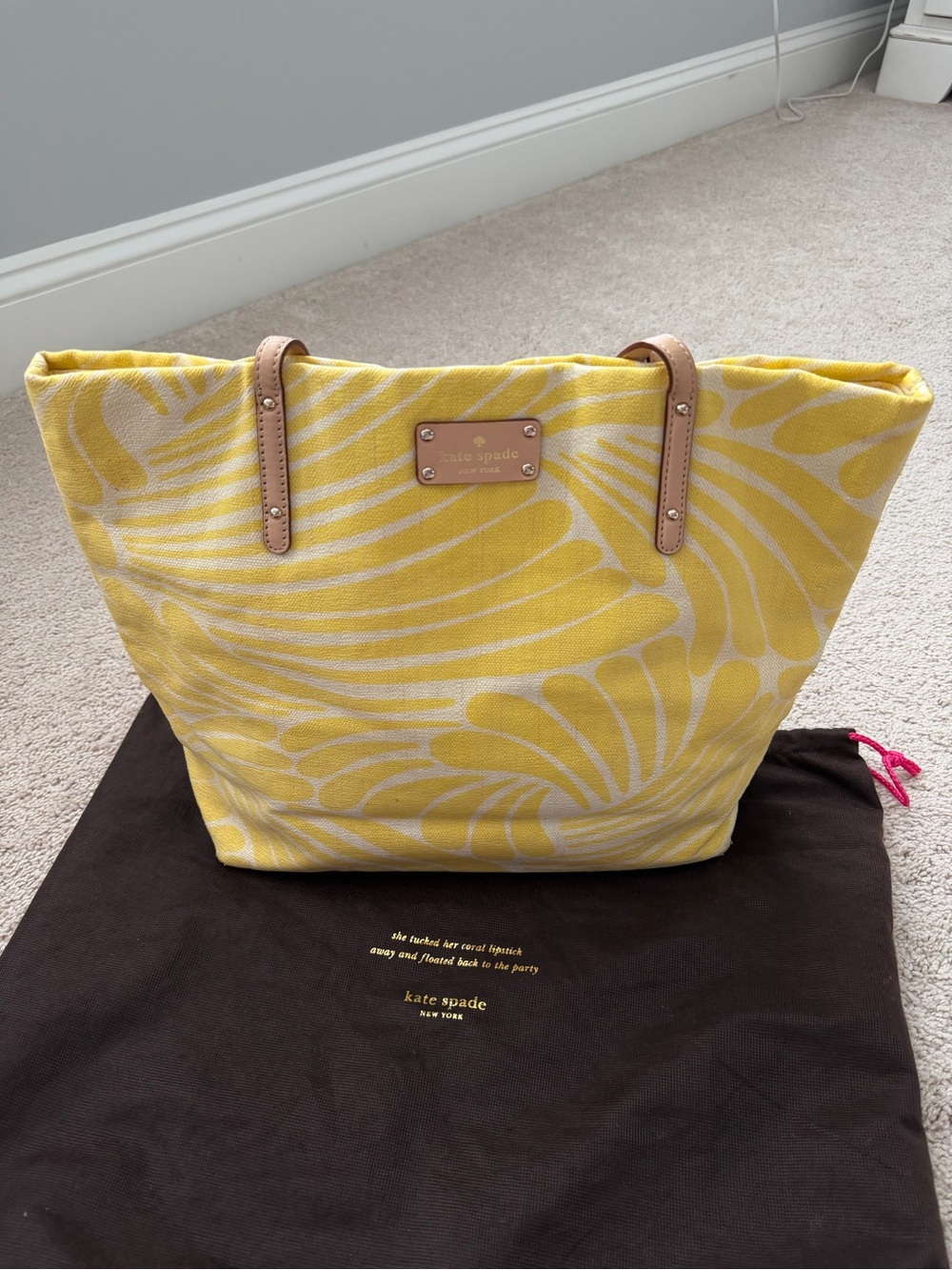 kate spade Yellow and Cream Patterned Canvas Tote with Tan Handles